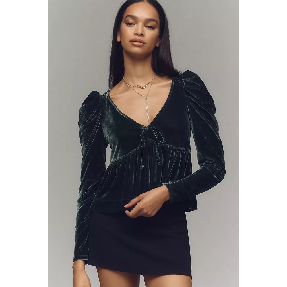 Anthropologie Maeve Velvet Babydoll Top Emerald Green Size Large Puff Sleeve Bow